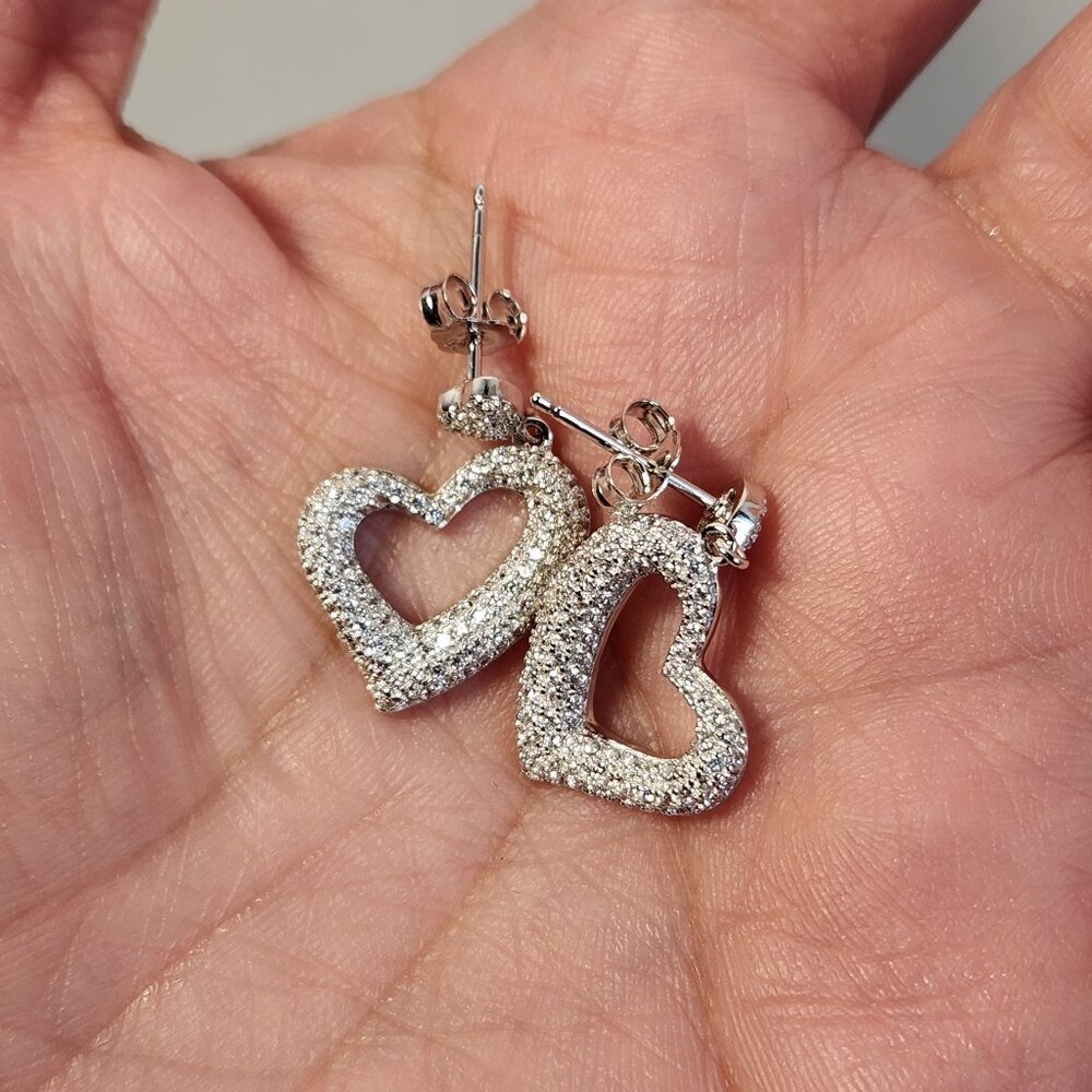 Silky NIB VTG 925 White Diamond Semi Puffy Paved Heart Stud Earrings 2013